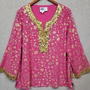 DG2 by DIANE GILMAN Pink & Gold Sequin Bead Embellished Tunic Blouse Size 1X